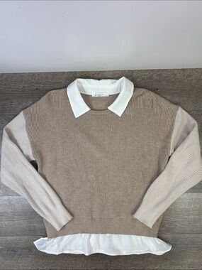 Sioni Milano Layered Shirt Hem Colorblock Sweater Taupe Ivory Size L
